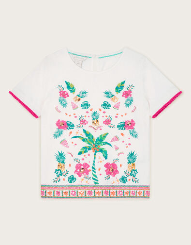 Tropical Palm Print T-Shirt, White (WHITE), large