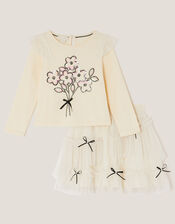 Floral Sequin Top & Bow Mesh Skirt Set, Ivory (IVORY), large