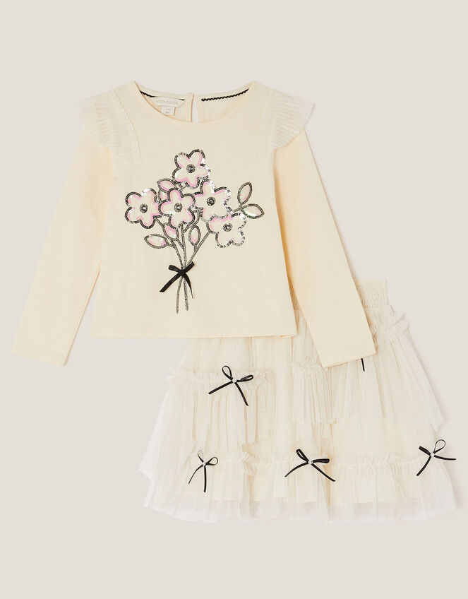Floral Sequin Top & Bow Mesh Skirt Set, Ivory (IVORY), large