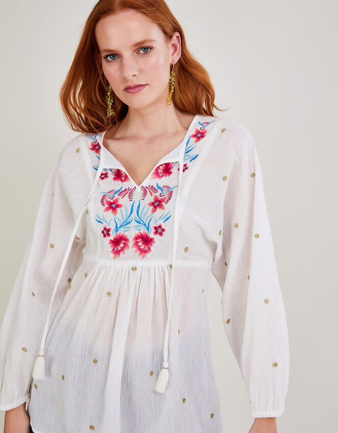 Embroidered Long Sleeve Tunic Top in Sustainable Cotton White