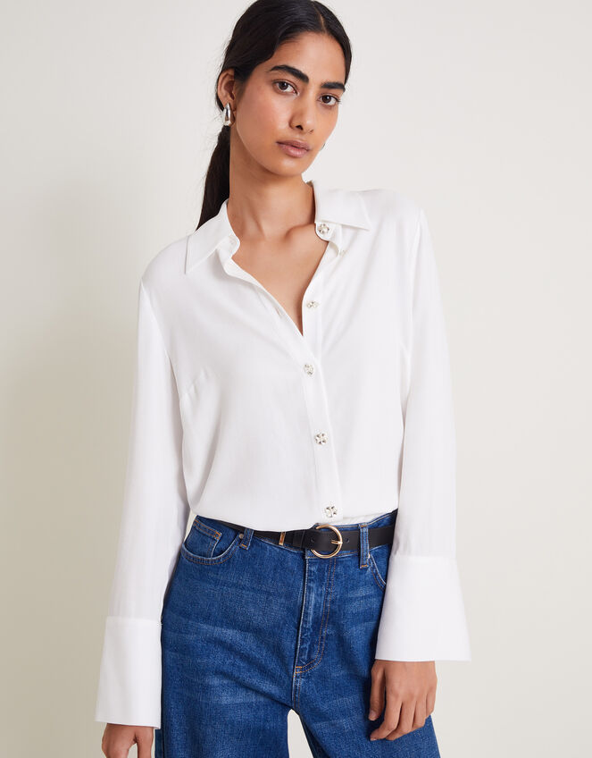 Sandra Plain Floral-Button Shirt , Ivory (IVORY), large