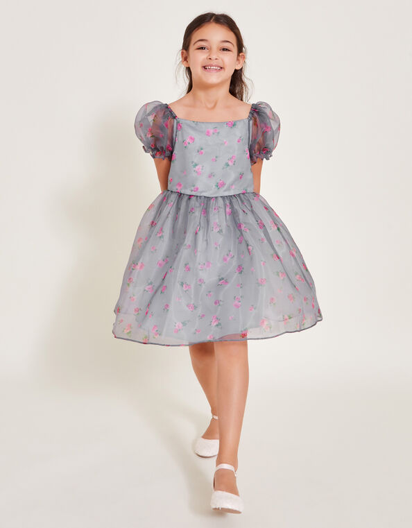Puff Sleeve Floral Organza Dress, Blue (BLUE), large
