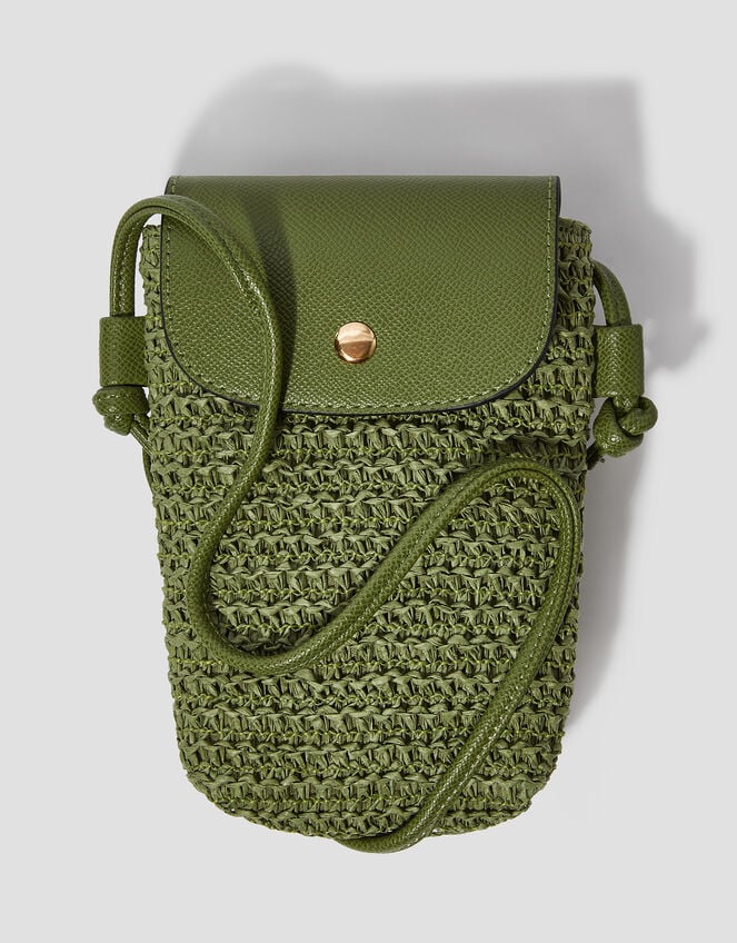 Rosie Raffia Phone Bag, Green (KHAKI), large