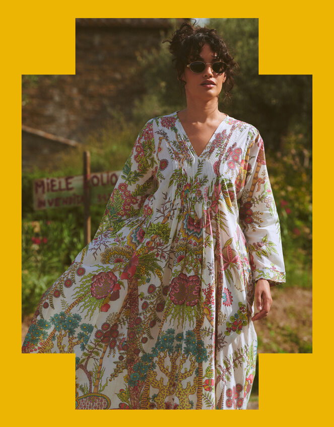 One Hundred Stars Boho Garden Print Midi Dress, Natural (ECRU), large