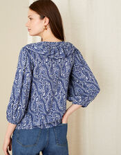 Paisley Ruffle Neck Top, Blue (BLUE), large