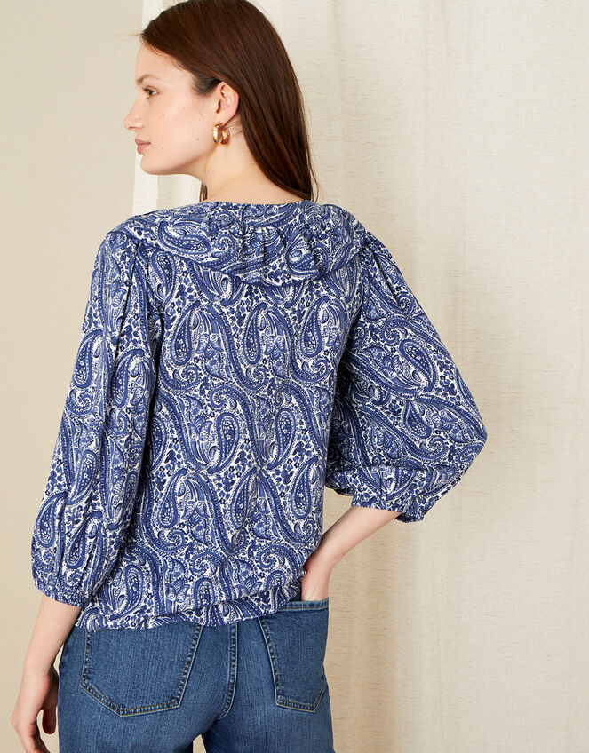 Paisley Ruffle Neck Top, Blue (BLUE), large