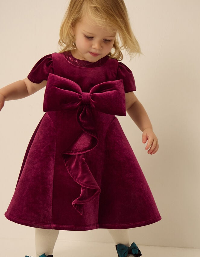 Baby Genevieve Bow Velvet Party Dress, Red (BURGUNDY), large
