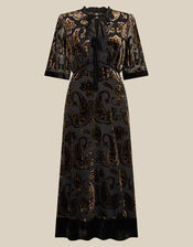 Jaz V-Neck Paisley Devor&eacute; Midi Dress, Green (OLIVE), large