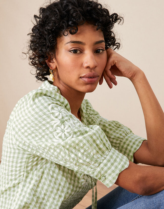 Gingham Embroidered Top in Sustainable Cotton, Green (GREEN), large