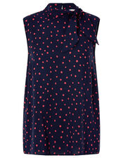 Tori Spot Tie Neck Sleeveless Blouse, Blue (NAVY), large
