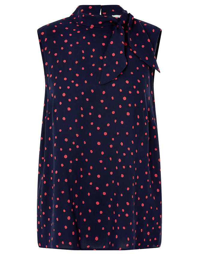 Tori Spot Tie Neck Sleeveless Blouse, Blue (NAVY), large