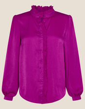 Satin Scallop Trim Blouse with Recycled Polyester, Pink (PINK), large