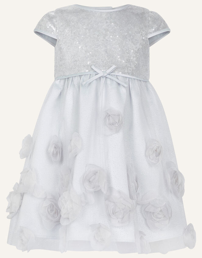 Baby Sequin 3D Rose Dress, Silver (SILVER), large