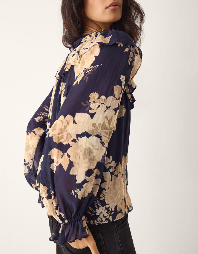 Sasha Floral Print Ruffle Blouse Blue