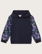 Sequin Sleeve Hoodie, Blue (NAVY), large