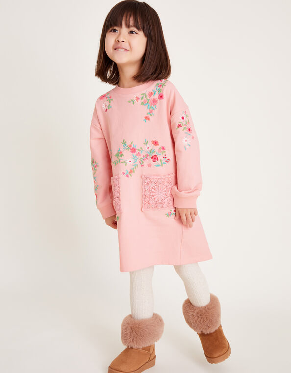 Floral Embroidered Sweatshirt Dress, Pink (PINK), large