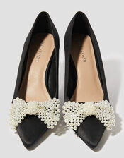 Pearl Bow Satin Court Shoes, Black (BLACK), large