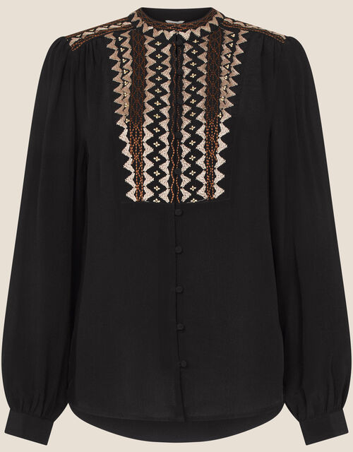 Embroidered Long Sleeve Blouse , Black (BLACK), large