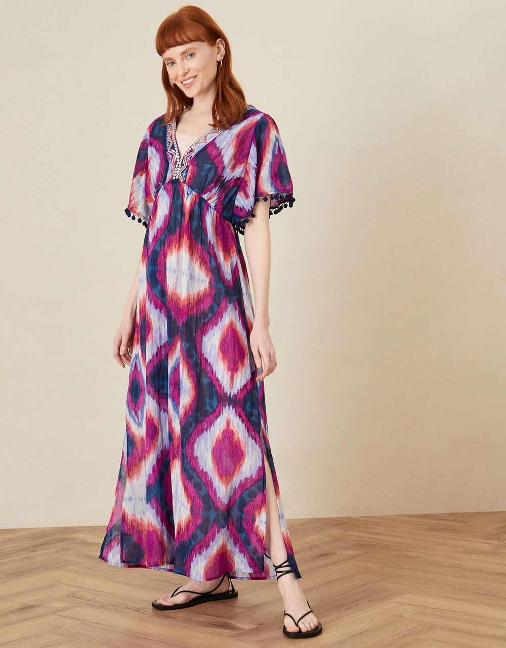 Women Dresses | Premium Ikat Maxi Kaftan Dress Purple - SG13893