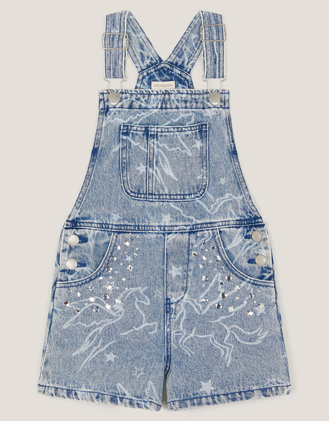 Unicorn Print Denim Dungarees, Blue (BLUE), large