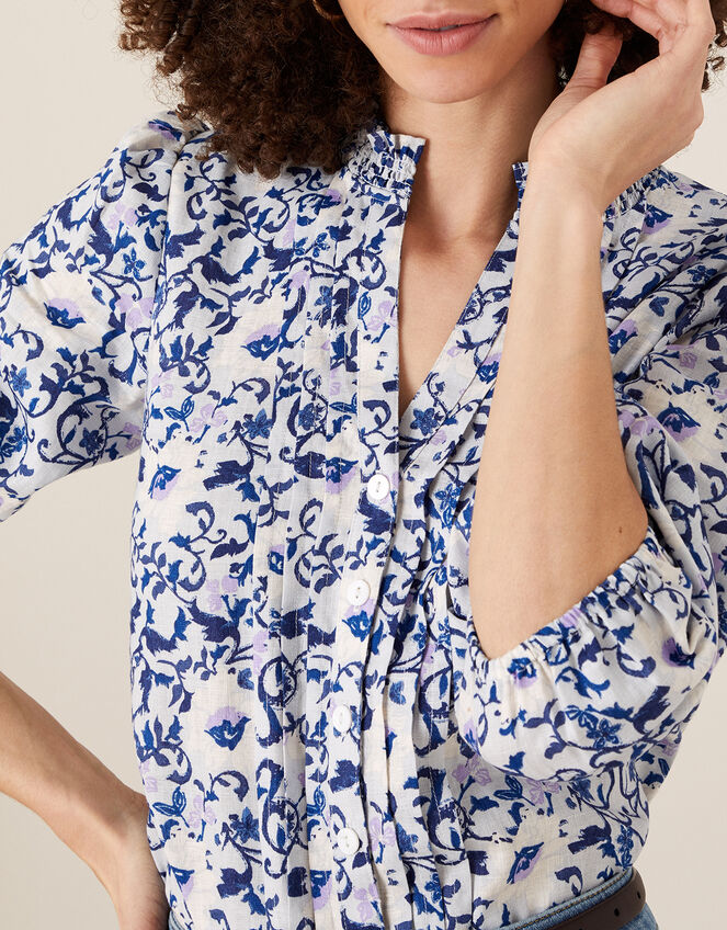 Francine Floral Blouse in Pure Linen, Blue (BLUE), large