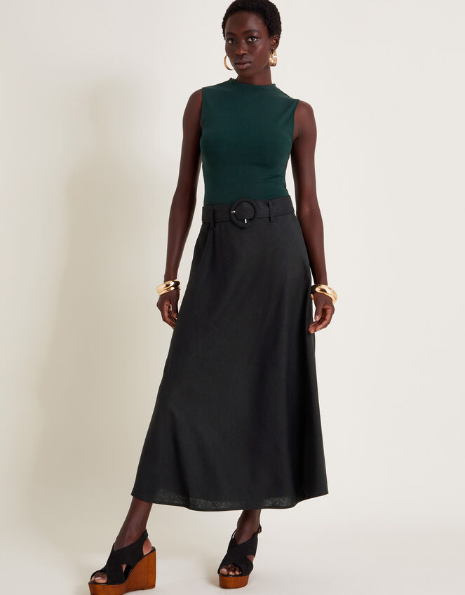 Olive Belted Midi Skirt, Black (BLACK), large