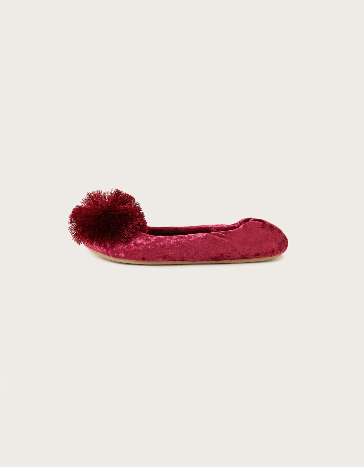 Velvet Pom Pom Ballerina Flat Slippers Red