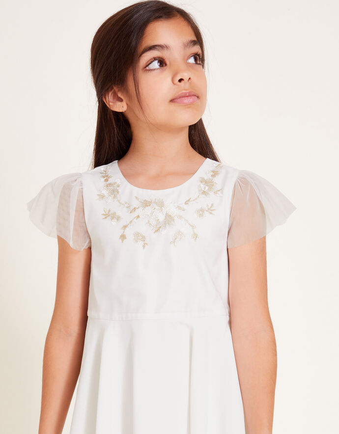 Claire & Charlie Girls Ivory Reindeer Print Dress - Smocked Ruffles and Sash