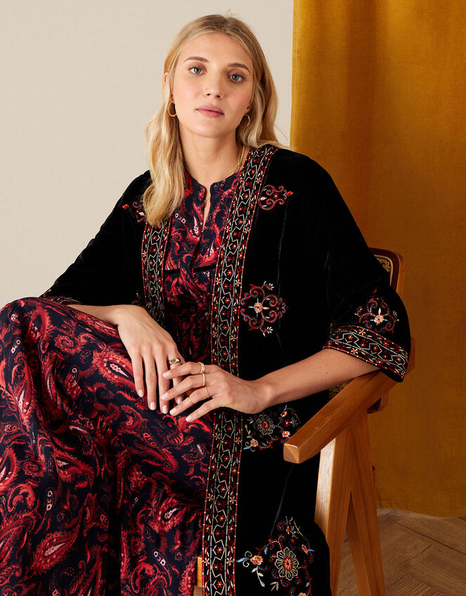 Embroidered Velvet Kimono, Black (BLACK), large