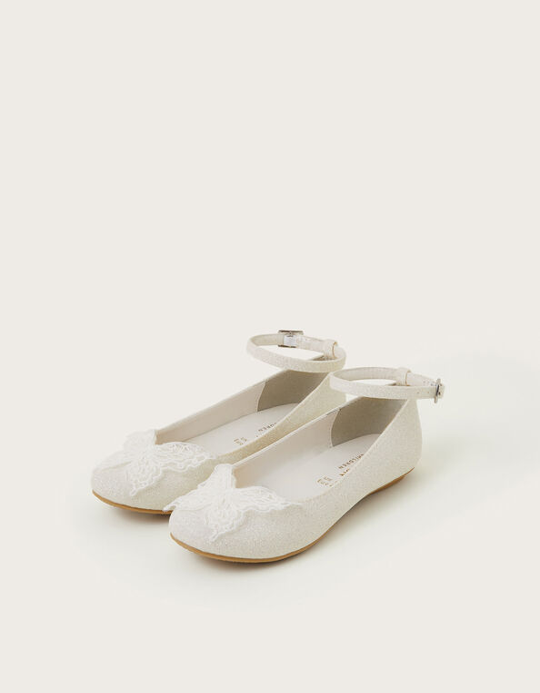 Lace Butterfly Glitter Ballet Flats, Ivory (IVORY), large
