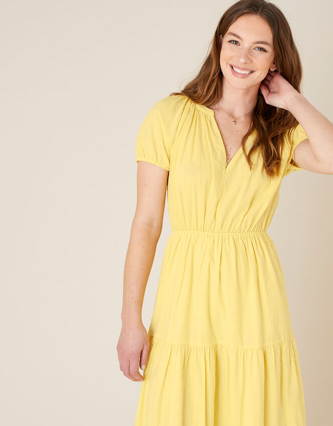 Tiered Midi Dress in Pure Cotton, Yellow (YELLOW), large