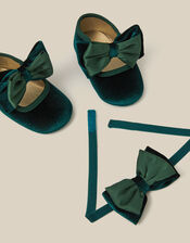 Baby Bow Velvet Booties & Headband Set, Green (GREEN), large
