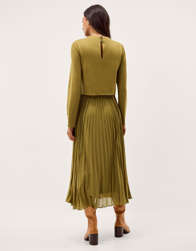 Penny Pleated Midi Dress, Green (OLIVE), large