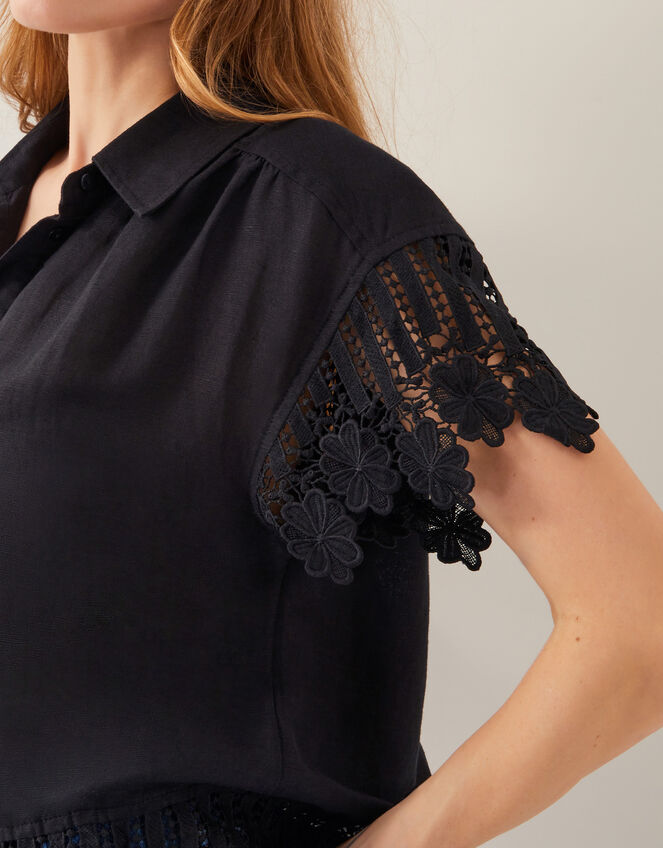Lara Linen-Blend Short Sleeve Shirt, Black (BLACK), large