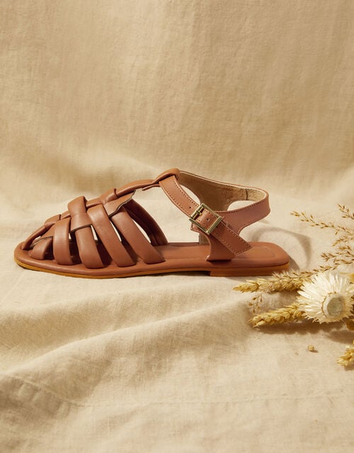 Leather Strap Covered Sandals, Tan (TAN), large