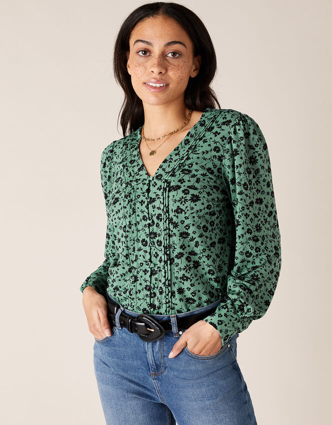 Floral V-Neck Long Sleeve Top, Green (GREEN), large