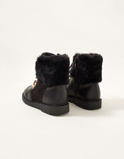 Quilted Fur Trim Lace-Up Boots, Black (BLACK), large