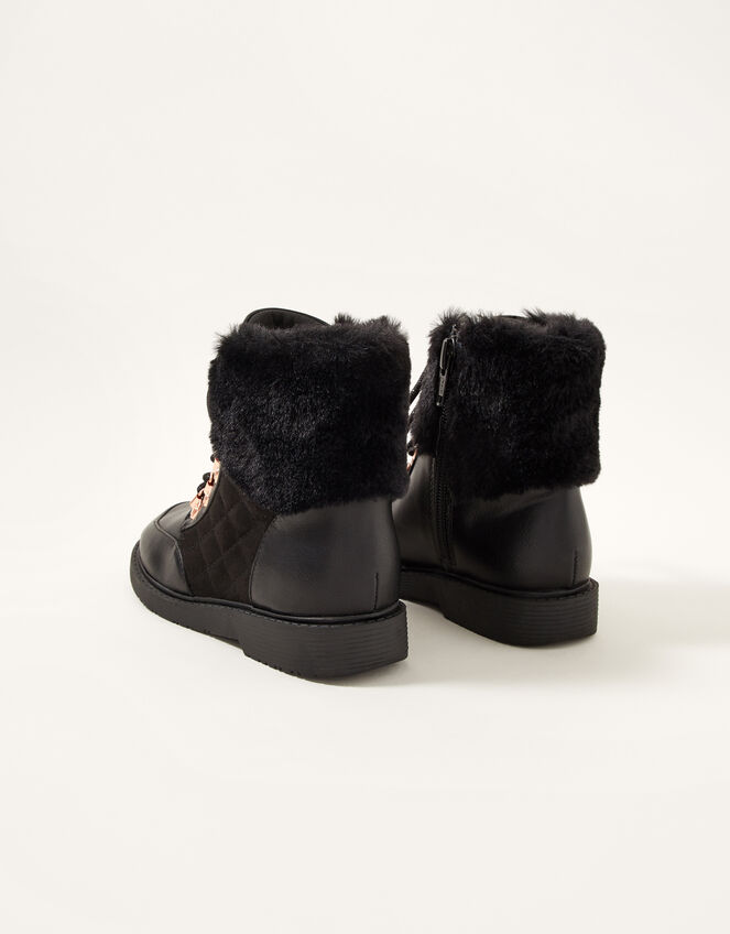 Quilted Fur Trim Lace-Up Boots, Black (BLACK), large