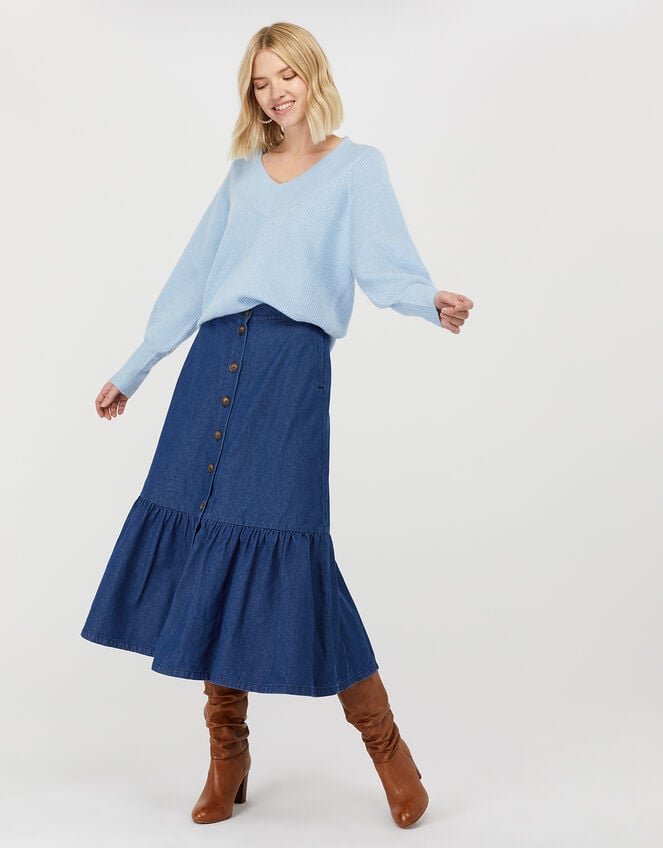 Tori Denim Midi Skirt in Organic Cotton, Blue (DENIM BLUE), large