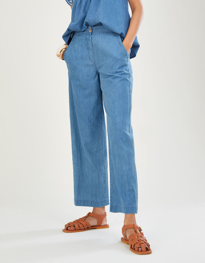 Denim Pull On Crop Trousers in Sustainable Cotton, Blue (BLUE), large