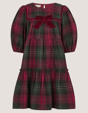 Velvet Bow Tartan Dress, Red (RED), large