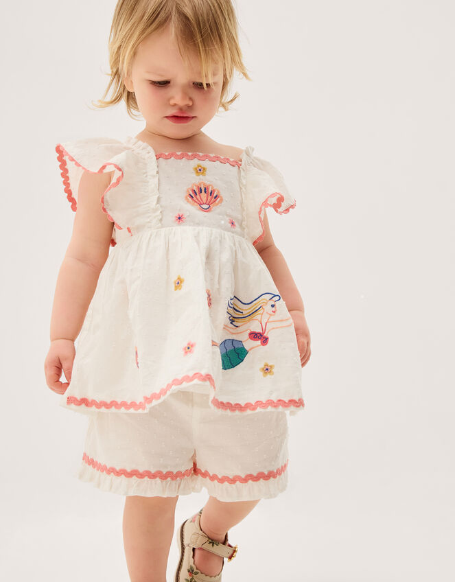 Baby Mermaid Embroidered Top & Shorts, Ivory (IVORY), large