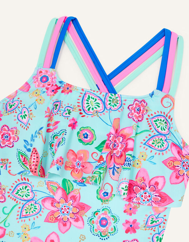 Star Flower Print Ruffle Swimsuit, Blue (TURQUOISE), large