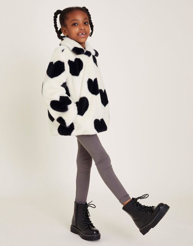 Heart Print Faux Fur Coat, Black (BLACK WHITE), large