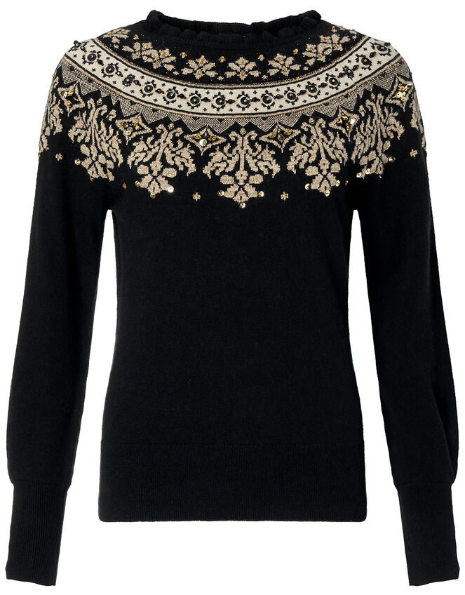 Embellished Fair Isle Knit Jumper, Black (BLACK), large