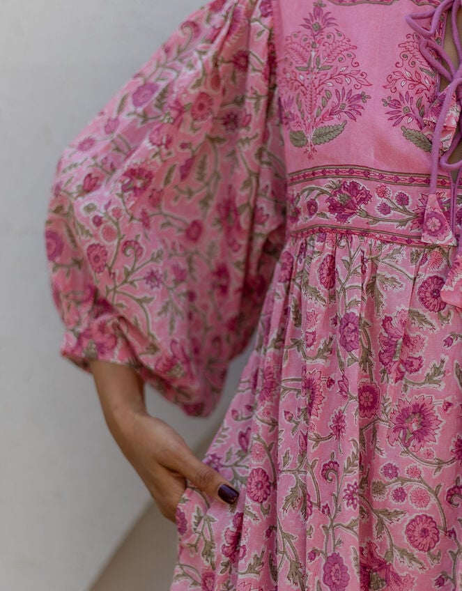 Dilli Grey Fara Floral Block Print Midi Dress, Pink (PINK), large