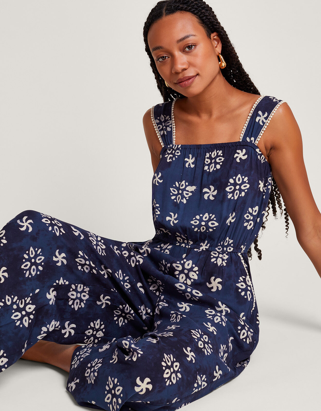 Blue patterned jumpsuit clearance