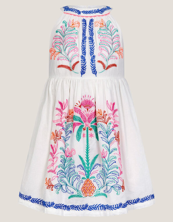 Palm Tree Embroidered Sleeveless Dress, White (WHITE), large