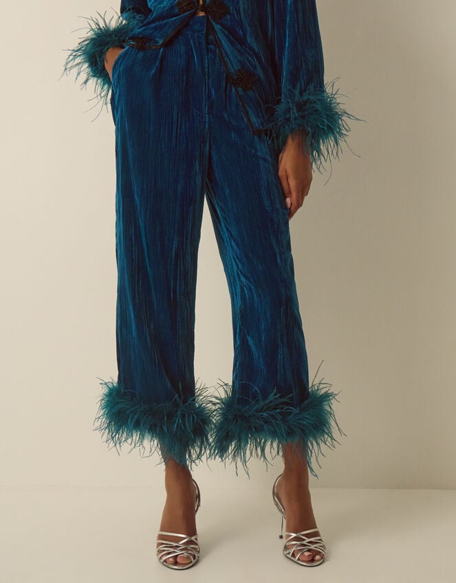 Quinn Faux Feather Velvet Trousers, Teal (TEAL), large