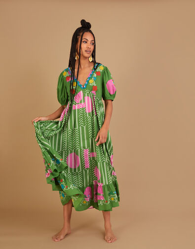 Embroidered Chevron Artisanal Dress, Green (GREEN), large